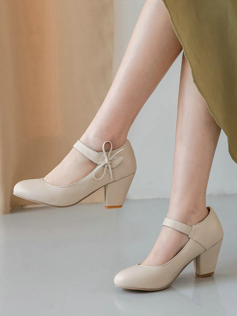 Retro Round Toe Solid Bowknot Chunky Heels - vintage shoes, retro heels