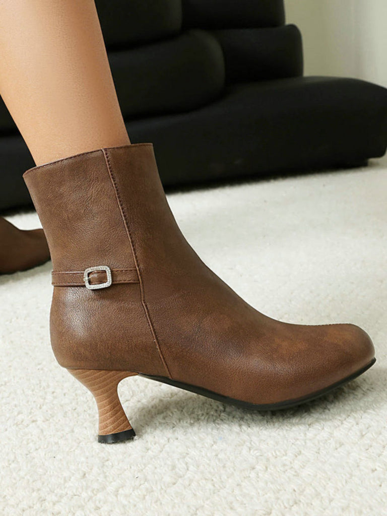 Retro Solid Faux Leather Side Zipper Ankle Boots - vintage fashion, retro style