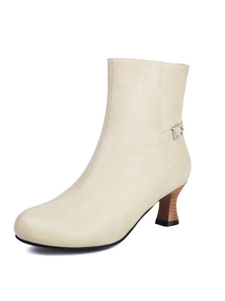 Retro Solid Faux Leather Side Zipper Ankle Boots - vintage fashion, retro style