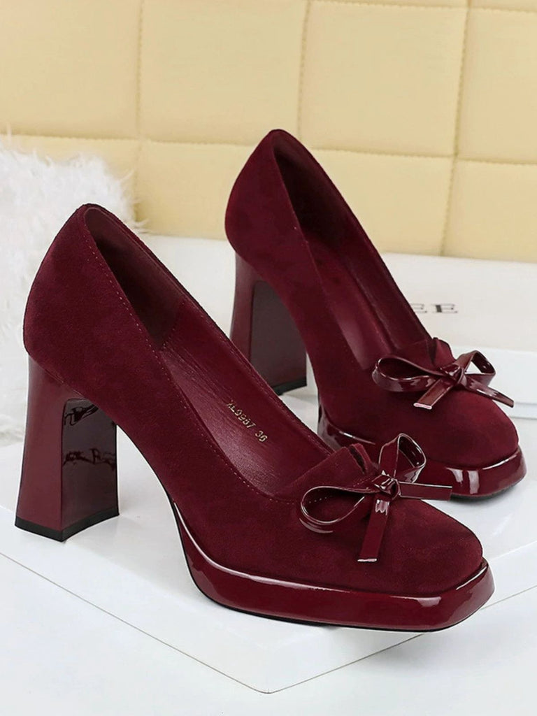 Retro Suede Bowknot Chunky High Heels: timeless 1950s elegance she makes her own