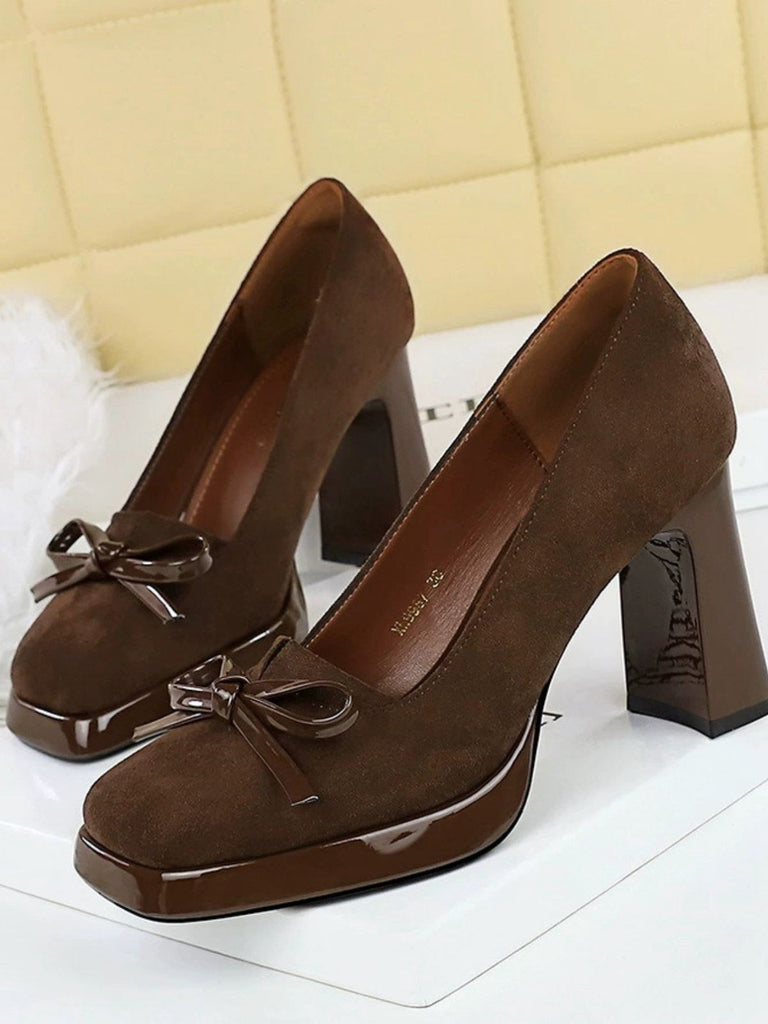 Retro Suede Bowknot Chunky High Heels — 1950s style that transcends decades