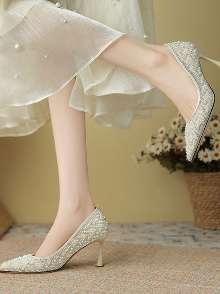 This Rhinestone Pearl Pointed Toe Stilettos Shoes whispers vintage secrets to those who notice