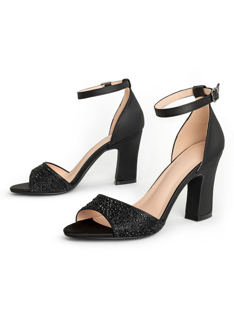 She finds her vintage story in this Rhinestone Solid Ankle Strap High Heel Sandals