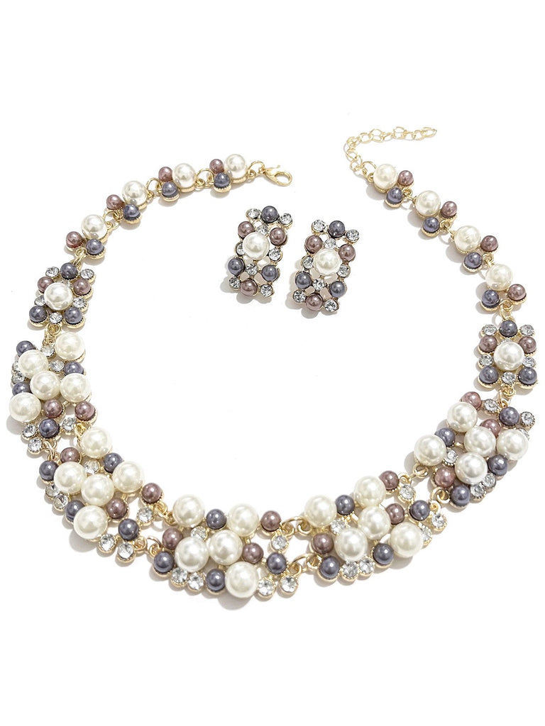 Rhinestoned Imitation Pearl Necklace & Earrings Set - vintage fashion, retro style