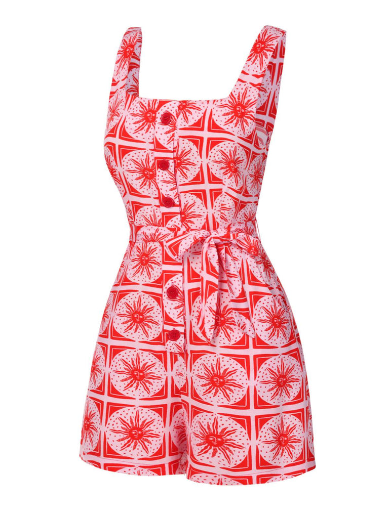 Rose Pink 1970s Boho Sun Print Button Romper - vintage jumpsuit, retro fashion