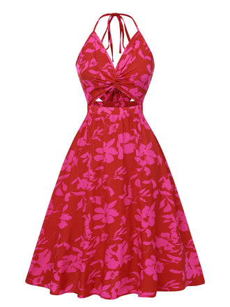 She slips into this Rose Red 1930s Halter Hollow Floral Dress and suddenly it's a 1930s daydream