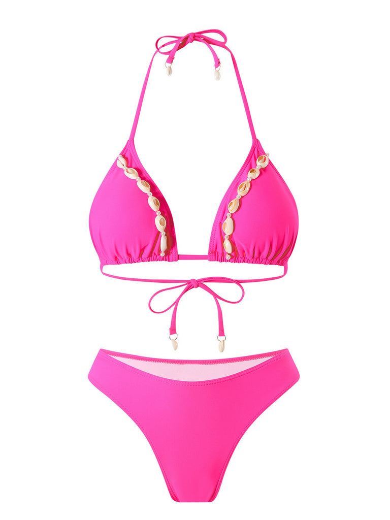 Rose Red 1940s Boho Seashell Halter Bikini Set - vintage fashion, retro style, elegant red