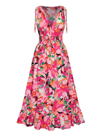 Rose Red 1940s Floral V-Neck Elastic Waist Dress, vintage dress, retro fashion, floral print - perfect for women who love vintage and retro fashion
