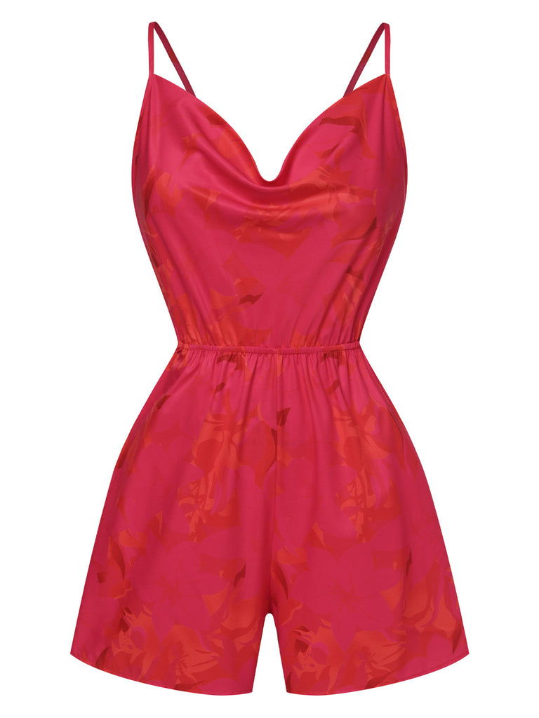 Rose Red 1950s Floral Backless Romper, vintage romper, retro jumpsuit - perfect for women who love vintage and retro fashion