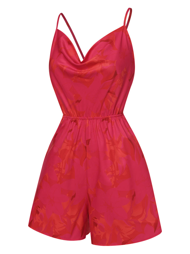 Rose Red 1950s Floral Backless Romper, vintage romper, retro jumpsuit - perfect for women who love vintage and retro fashion