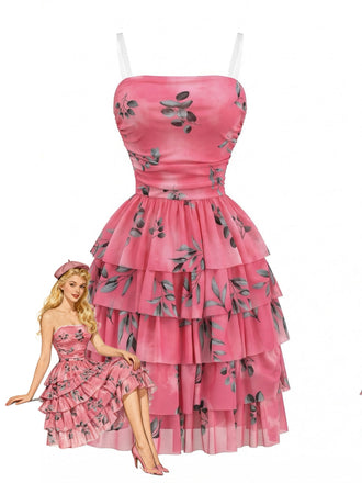 Rose Red 1950s Leaf Print Ruched Tiered Mesh Dress - vintage dress, retro fashion, rockabilly, pin-up fashion for vintage lovers