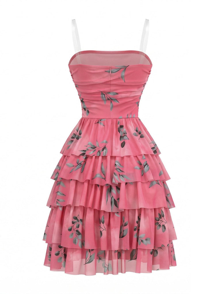 Rose Red 1950s Leaf Print Ruched Tiered Mesh Dress - vintage dress, retro fashion, rockabilly, pin-up fashion for vintage lovers