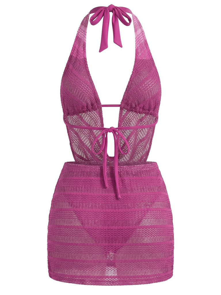 Rose Red 1950s Halter Cutout Bikini Set & Cover-Up | vintage swimwear, retro swimsuit, pin-up style - perfect for retro fashion enthusiasts