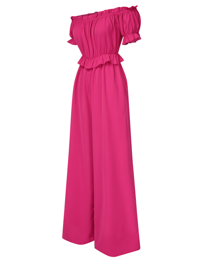 Rose Red 1950s Off-Shoulder Ruffles Solid Jumpsuit, vintage romper, retro jumpsuit - perfect for women who love vintage and retro fashion