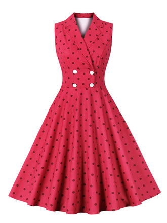 Rose Red 1950s Polka Dots Lapel Sleeveless Dress: timeless style reimagined