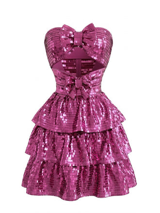 Rose Red 1960s Sequin Strapless Short Dress - vintage dress, retro fashion, elegant red