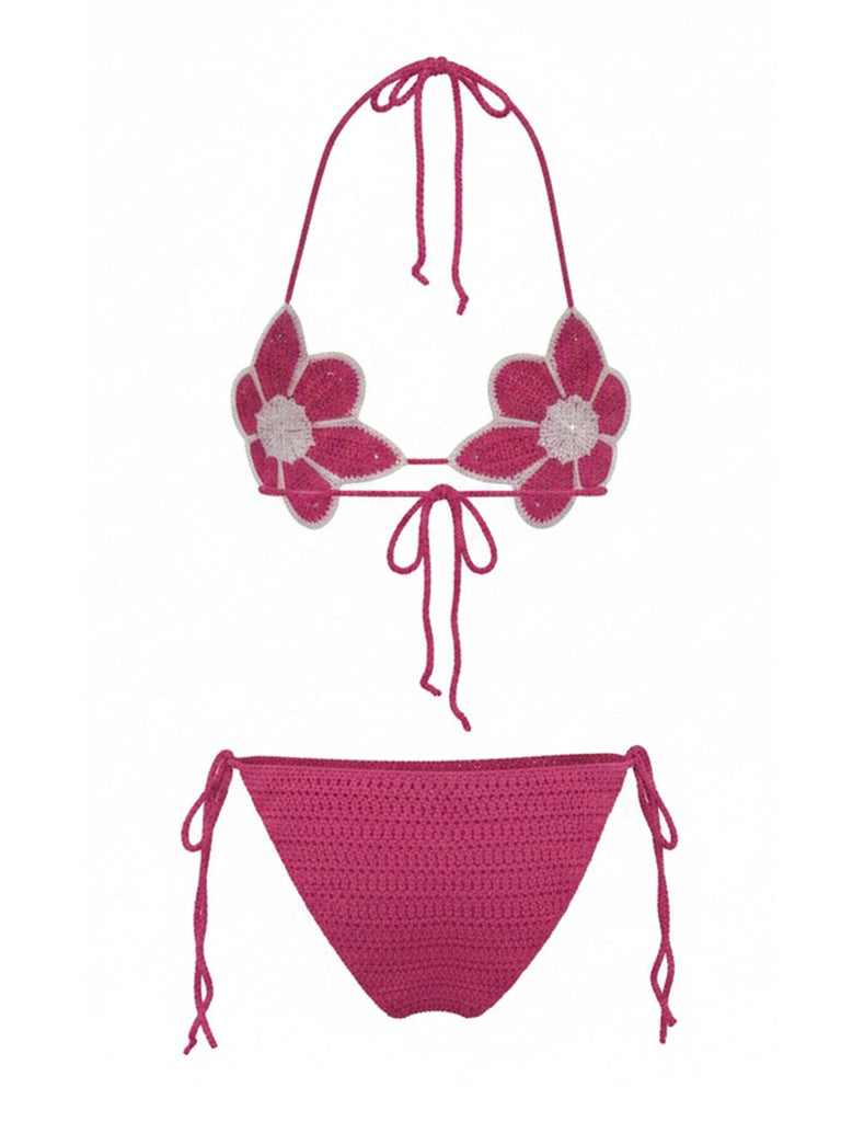 Rose Red 1980s Colorblock Floral Suspender Bikini, vintage swimsuit, pin-up swimwear - perfect for women who love vintage and retro fashion