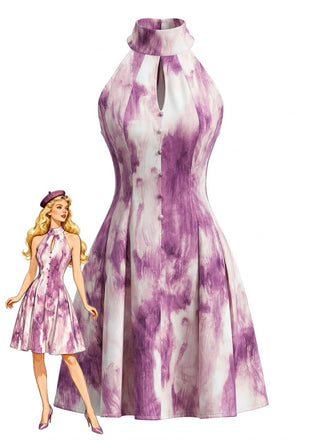Rose Violet 1930s Tie-Dye Halter Button Flared Dress - vintage dress, retro fashion for vintage lovers