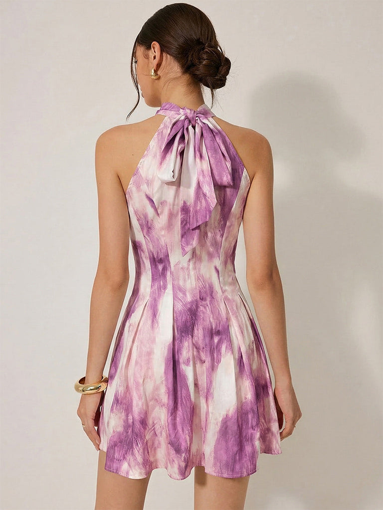 Rose Violet 1930s Tie-Dye Halter Button Flared Dress - vintage dress, retro fashion for vintage lovers