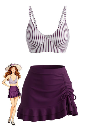 Rose Violet 1950s Striped High Waist Pleated Bikini Set, vintage swimsuit, pin-up swimwear - perfect for women who love vintage and retro fashion