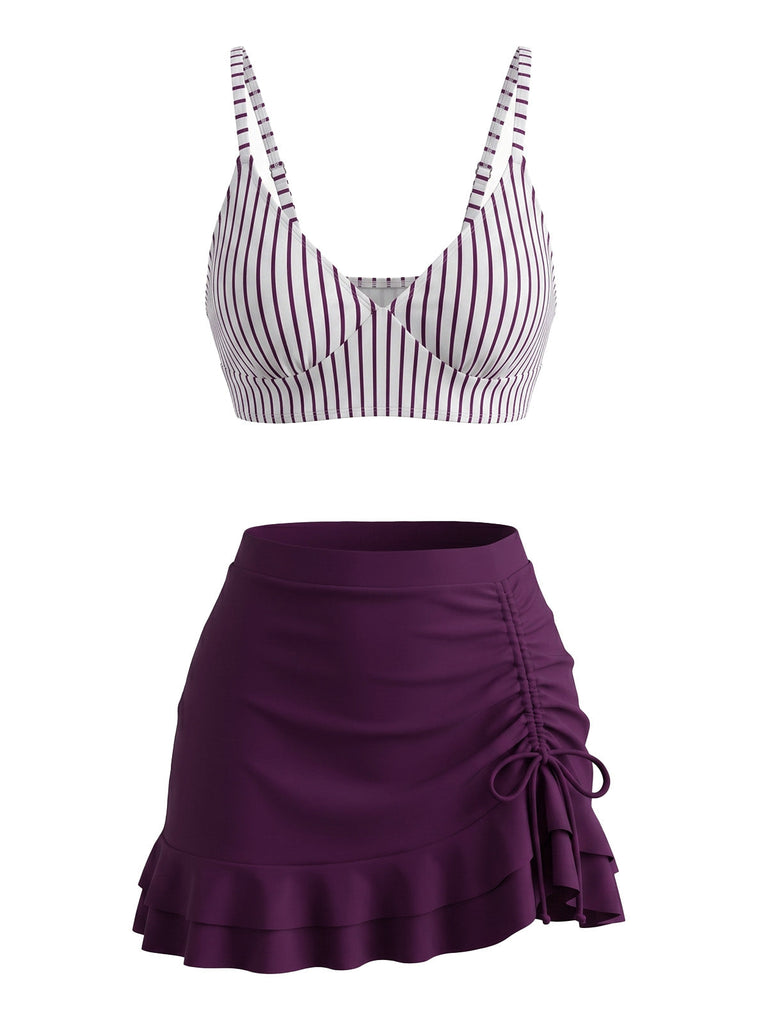 Rose Violet 1950s Striped High Waist Pleated Bikini Set, vintage swimsuit, pin-up swimwear - perfect for women who love vintage and retro fashion