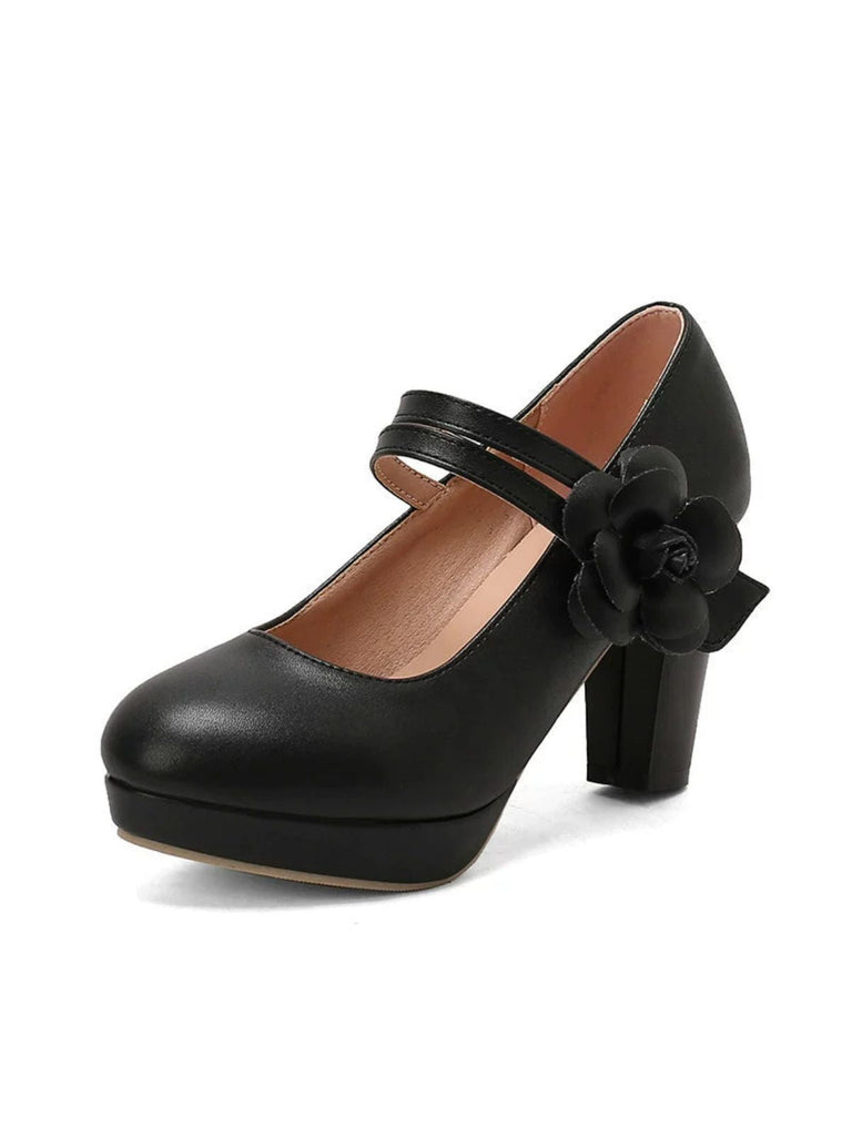 Round Toe Chunky Heel Flower Mary Jane Heels - vintage shoes, retro heels