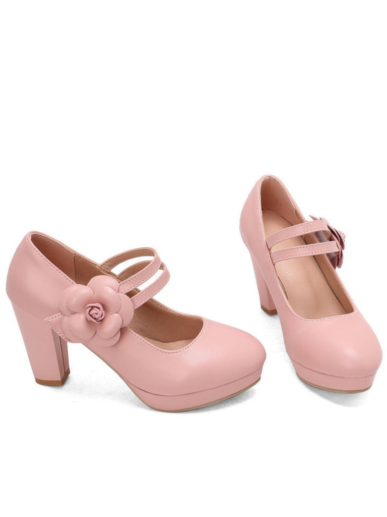 Round Toe Chunky Heel Flower Mary Jane Heels - vintage shoes, retro heels