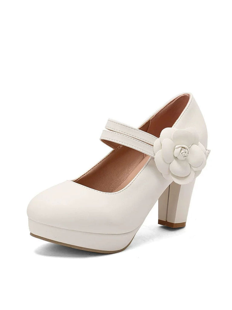 Round Toe Chunky Heel Flower Mary Jane Heels - vintage shoes, retro heels