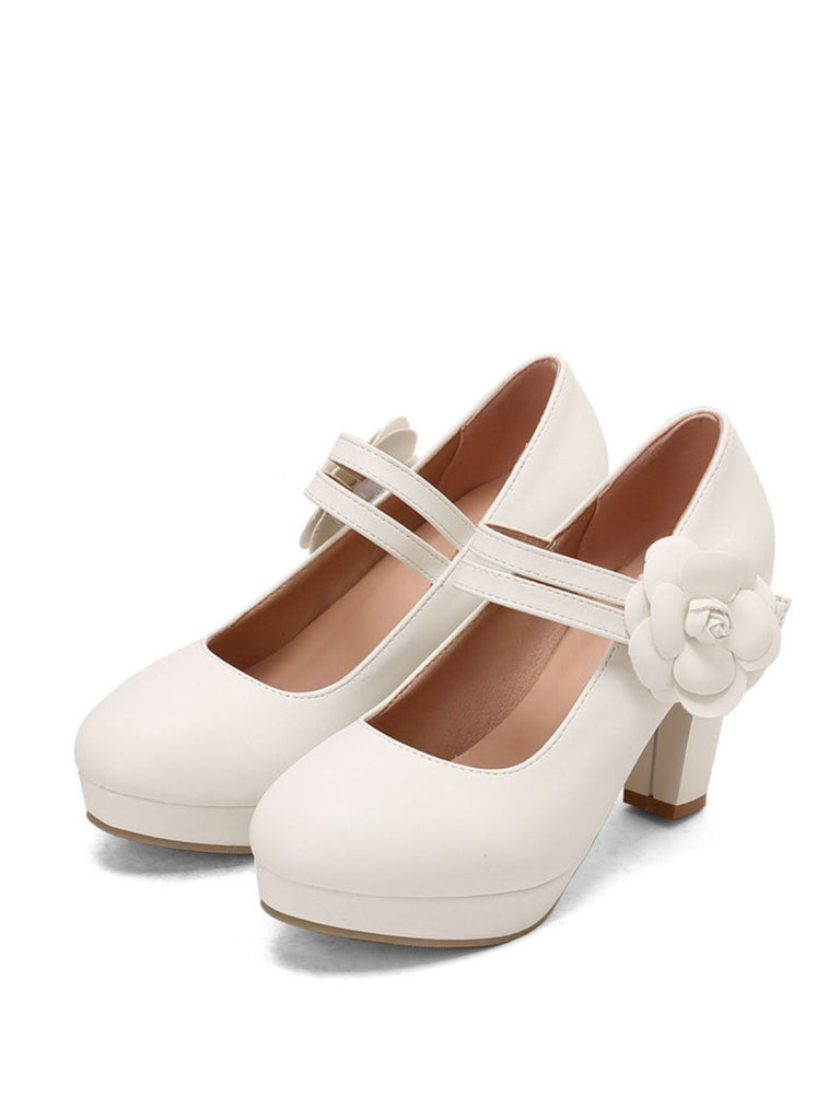 Round Toe Chunky Heel Flower Mary Jane Heels - vintage shoes, retro heels