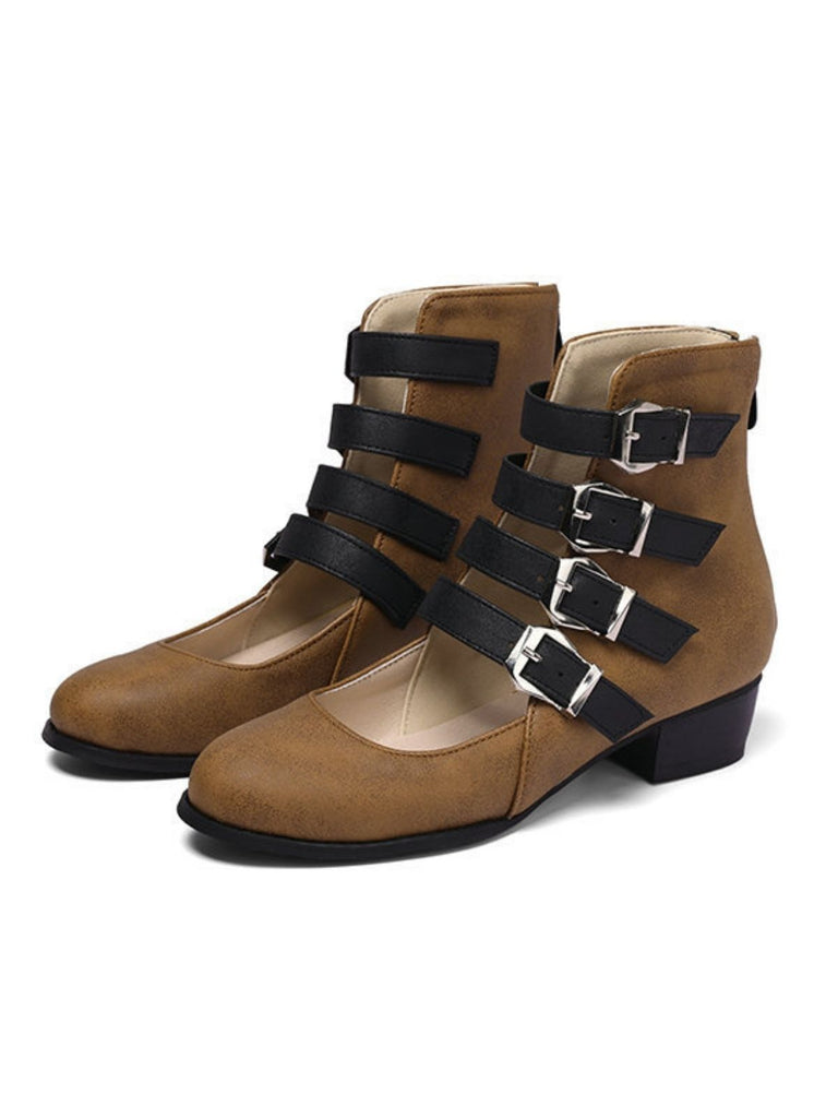 Round Toe Low Chunky Heel Cut-Out Boots - vintage shoes, retro heels