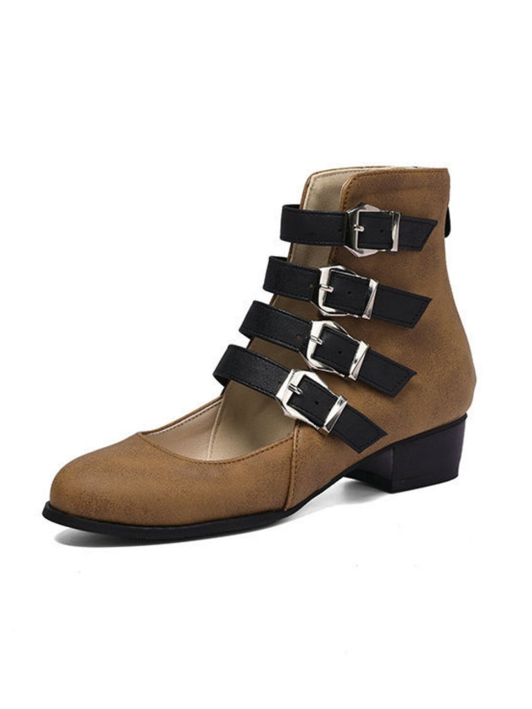Round Toe Low Chunky Heel Cut-Out Boots - vintage shoes, retro heels