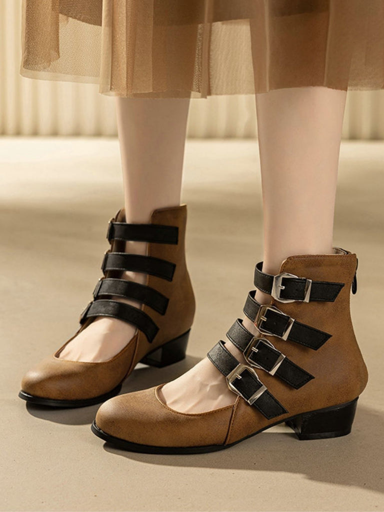 Round Toe Low Chunky Heel Cut-Out Boots - vintage shoes, retro heels