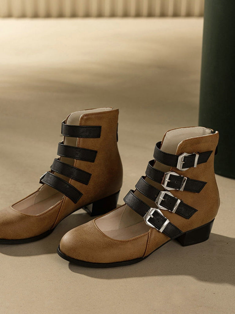 Round Toe Low Chunky Heel Cut-Out Boots - vintage shoes, retro heels