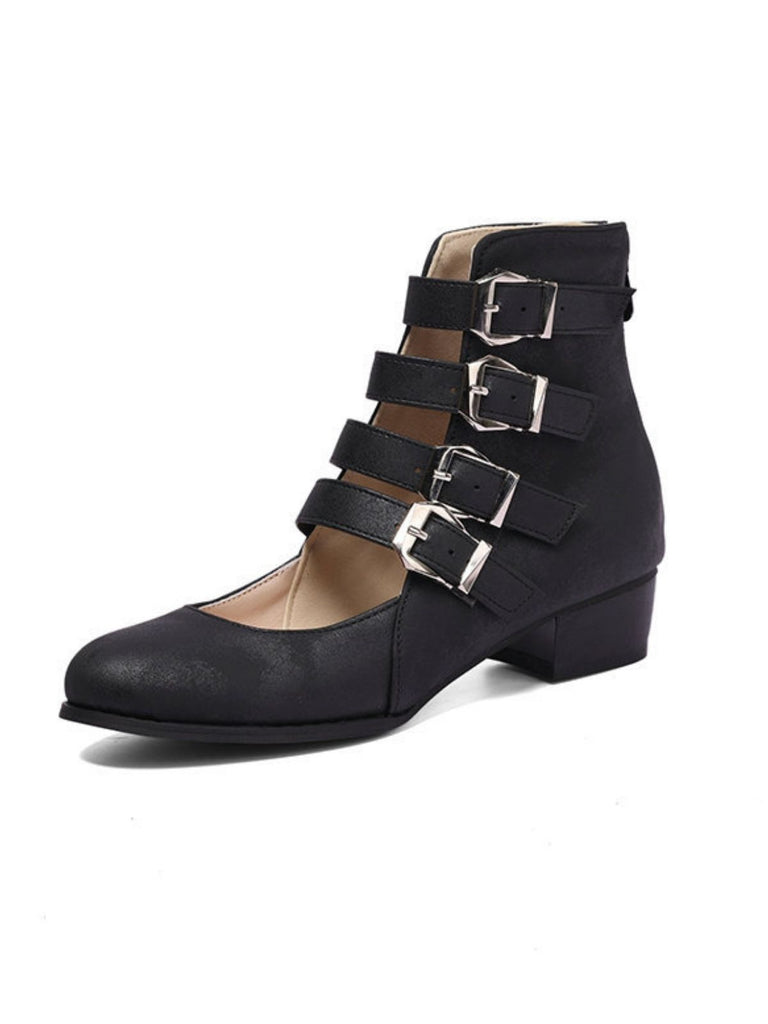 Round Toe Low Chunky Heel Cut-Out Boots - vintage shoes, retro heels