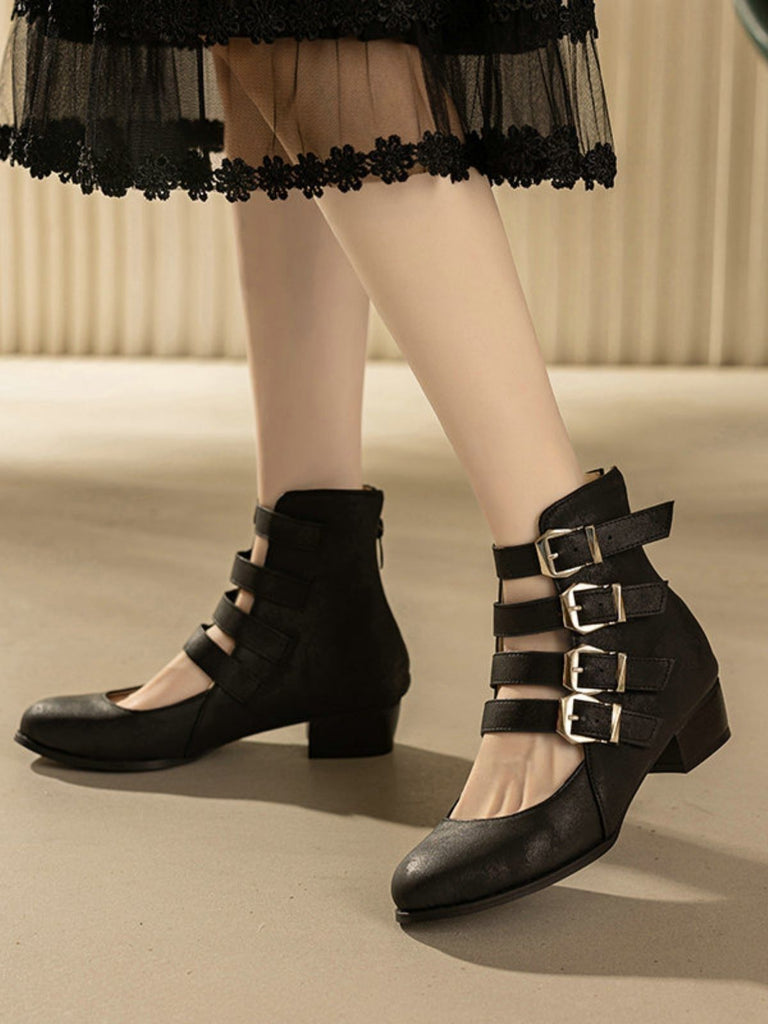 Round Toe Low Chunky Heel Cut-Out Boots - vintage shoes, retro heels
