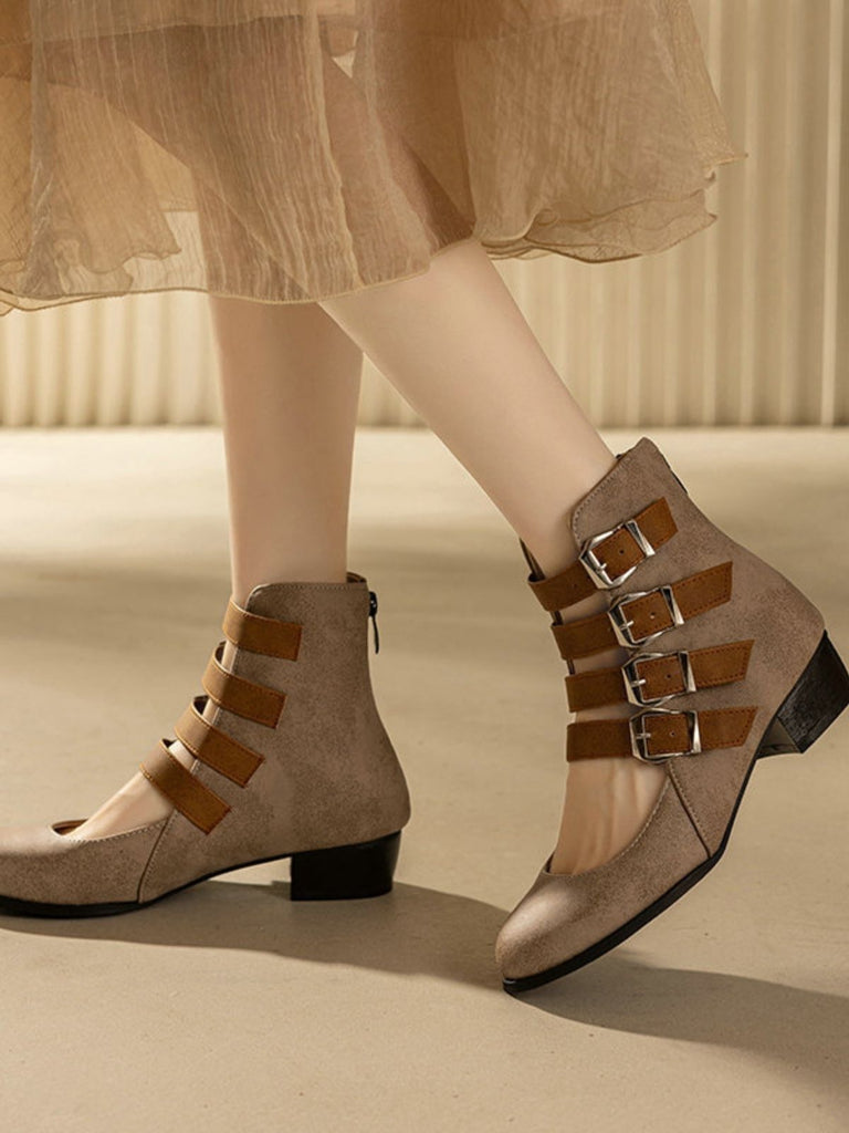 Round Toe Low Chunky Heel Cut-Out Boots - vintage shoes, retro heels