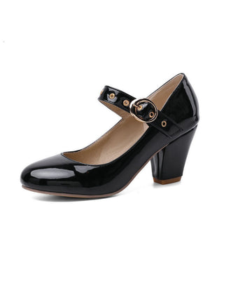 She finds her vintage story in this Round Toe Patent Leather Buckle High Heels