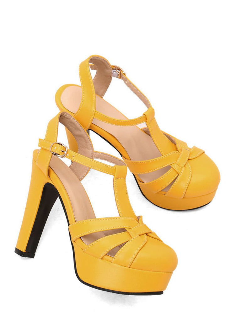 Round Toe T-Strap Chunky Block Heel Platform Sandals - vintage shoes, retro heels