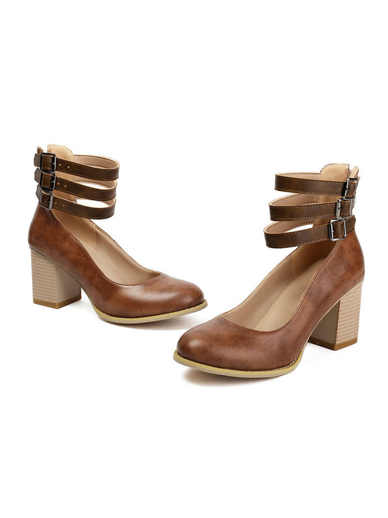 Round Toe Thick-Soled Wood-Grain Chunky Heel Shoes — vintage vintage charm for her modern wardrobe