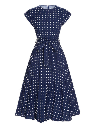 Royal Blue 1940s Polka Dots Belt Cap Dress, vintage dress, retro fashion - perfect for women who love vintage and retro fashion