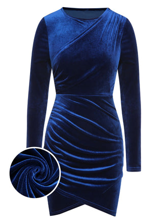 Royal Blue 1960s Solid Long Sleeve Velvet Dress, vintage dress, retro fashion - perfect for women who love vintage and retro fashion