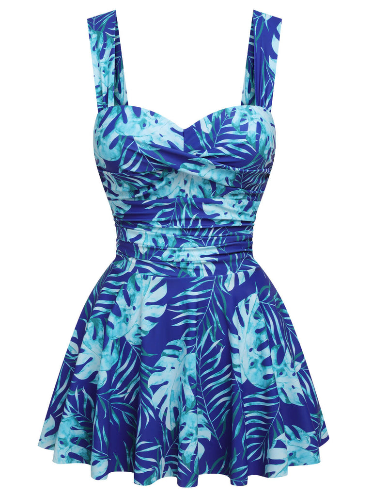 Royal Blue 1960s Tropical Plants Swimsuit Set - vintage swimsuit, pin-up style