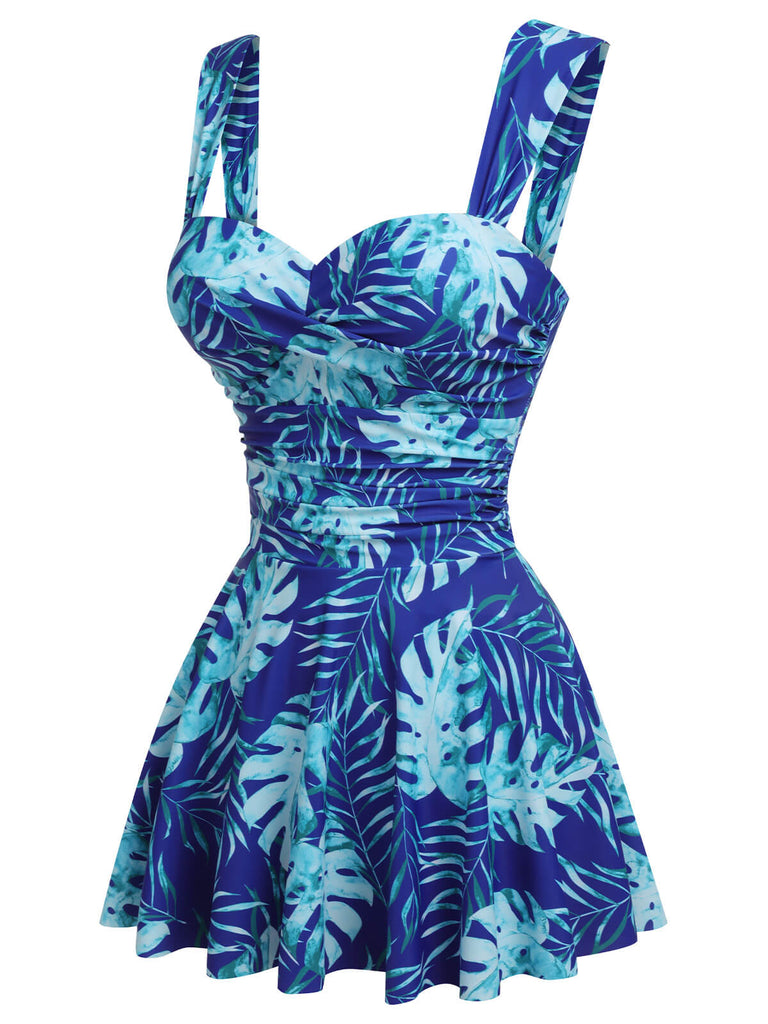 Royal Blue 1960s Tropical Plants Swimsuit Set - vintage swimsuit, pin-up style