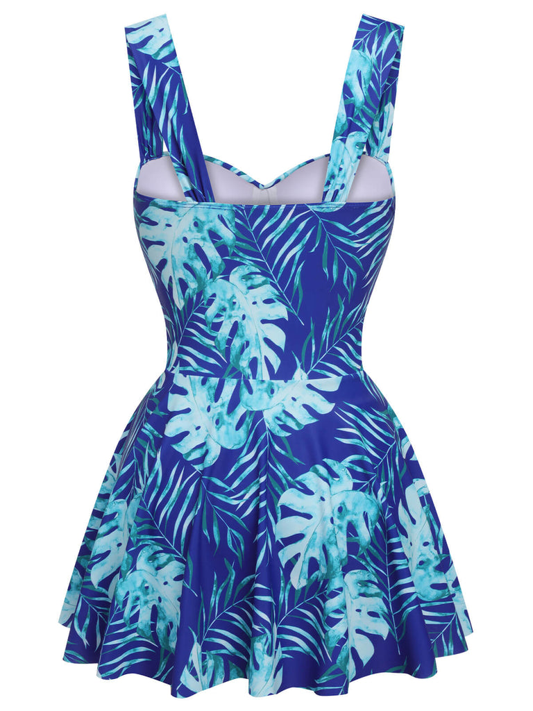 Royal Blue 1960s Tropical Plants Swimsuit Set - vintage swimsuit, pin-up style