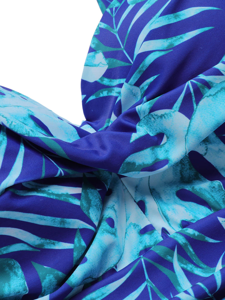 Royal Blue 1960s Tropical Plants Swimsuit Set - vintage swimsuit, pin-up style