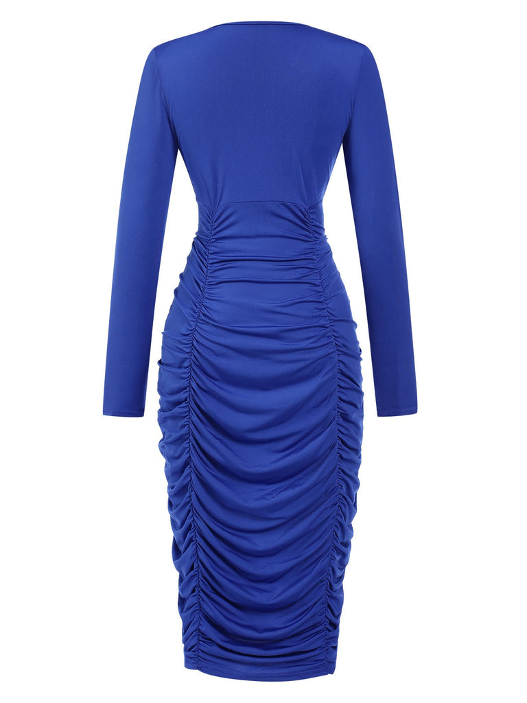 Royal Blue 1960s V-Neck Pleated Dress, vintage dress, retro fashion - perfect for women who love vintage and retro fashion