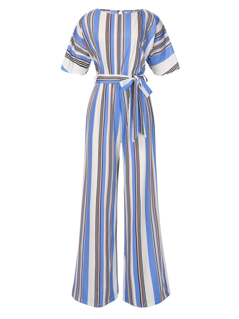 She finds her 1970s story in this Royal Blue 1970s Stripes Back Hollow Jumpsuit