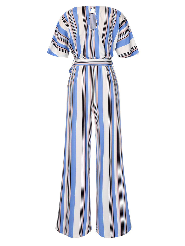 Royal Blue 1970s Stripes Back Hollow Jumpsuit, vintage romper, retro jumpsuit - perfect for women who love vintage and retro fashion