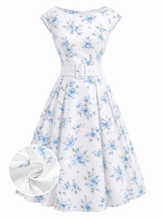 White 1950s Boat Neck Belted Floral Dress