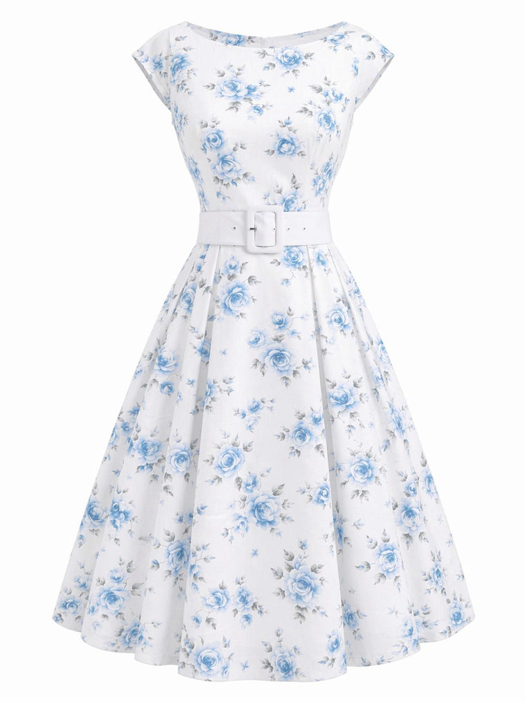 White 1950s Boat Neck Belted Floral Dress